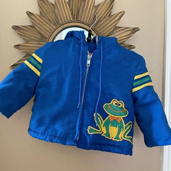 Kids Vintage 80’s Embroidered Frog Blue Hooded Fur lined Zip up Coat 12 mths - Picture 1 of 11